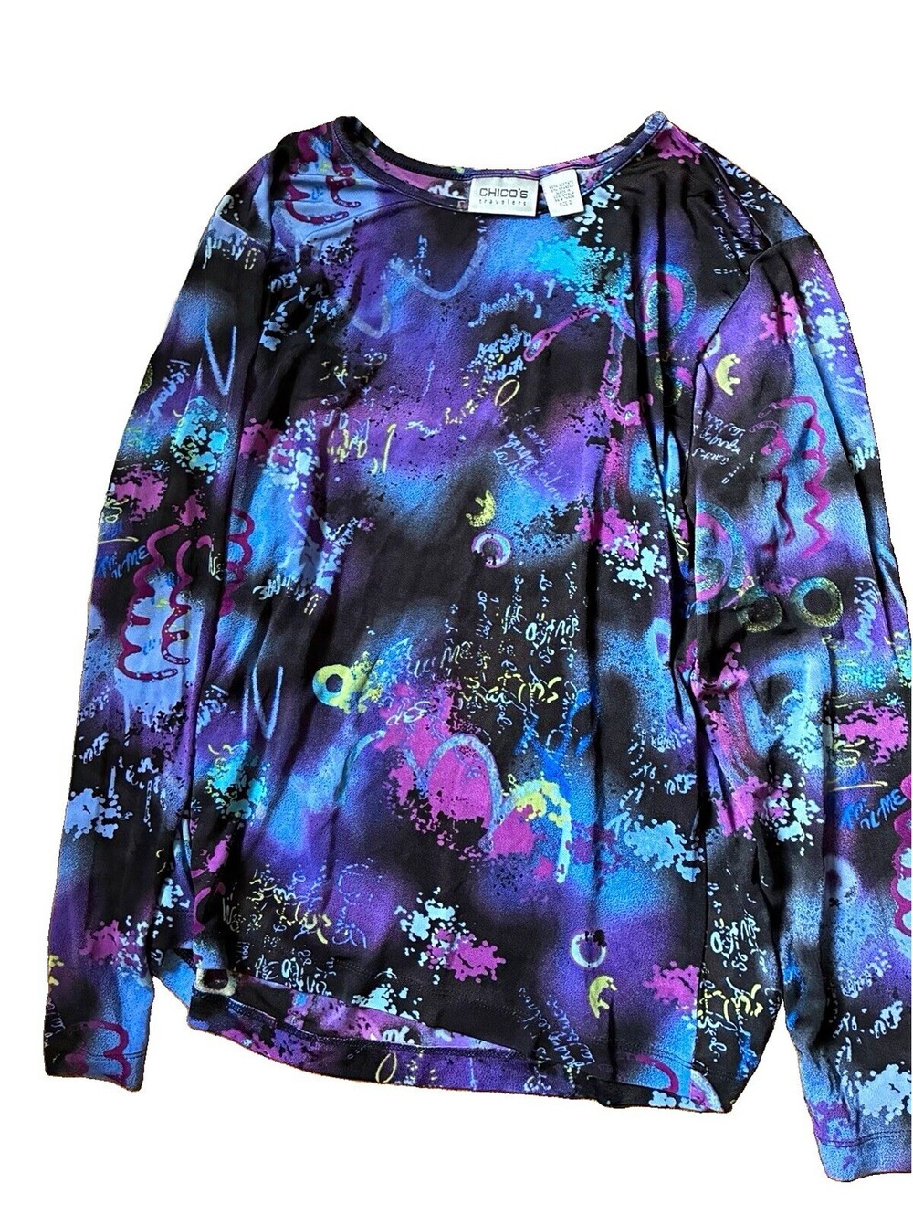 Chico's Travelers Womens 2 Purple Abstract Knit Scoop Neck Pullover Top Stretch